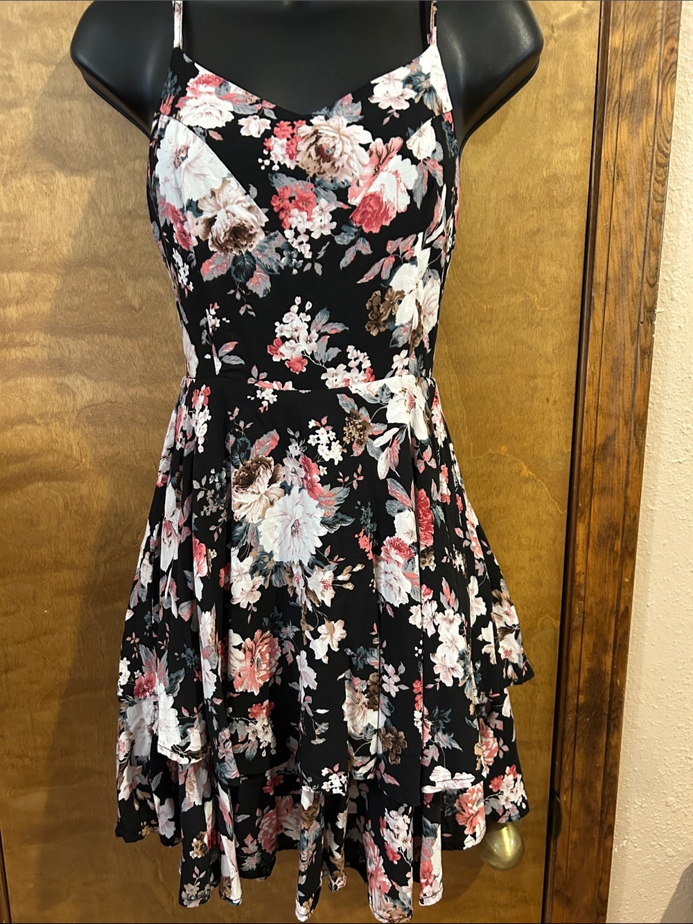 Floral Spaghetti-Strap Fit & Flare Dress in Black with Pink - Homecoming